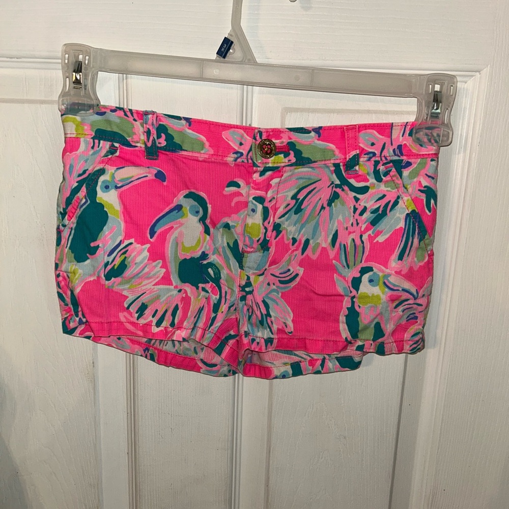 Lilly Pulitzer Mini Callahan Shorts Dragonfruit Toucan Can Girls 10 adjustable